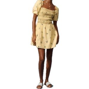 Anthropologie Yellow Floral Cotton Puff Sleeve Mini Dress XS Square Neck EUC